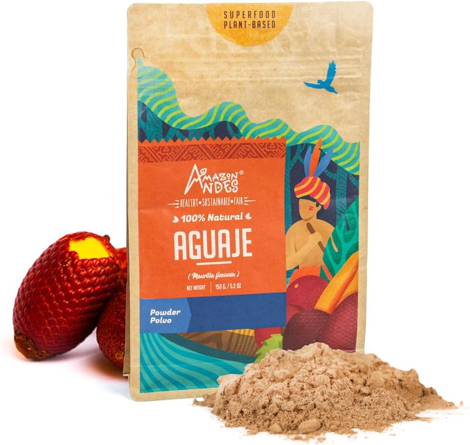 Amazon Andes Aguaje Fruit Powder - Buriti Wild Harvested in Peru - Support Menstrual Disorder - Non-GMO Allegen-Free & Vegan - Halal - Contains Phytoestrogens - 5.2 Ounce (40 Servings)