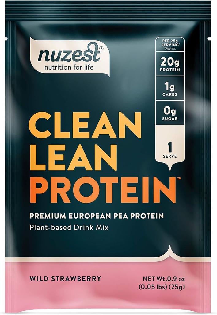 Nuzest - Pea Protein Powder - Clean Lean Protein, Premium Vegan Plant Based Protein Powder, Dairy Free, Gluten Free, GMO Free, Naturally Sweetened Protein Shake, Wild Strawberry, 1 Serving, 0.9 oz