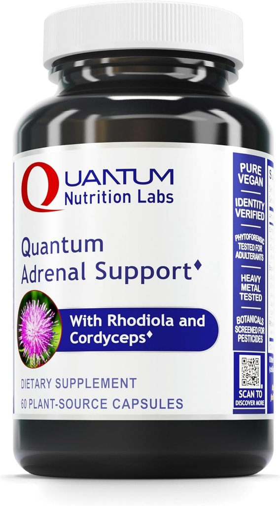 Quantum Nutrition Labs Quantum Adrenal Support- Adrenal Health Support Supplements, Support for Fatigue and Promote Calmness, Adrenal Gland Vitamins, Rhodiola Rosea, Organic - 60 Vegan Capsules