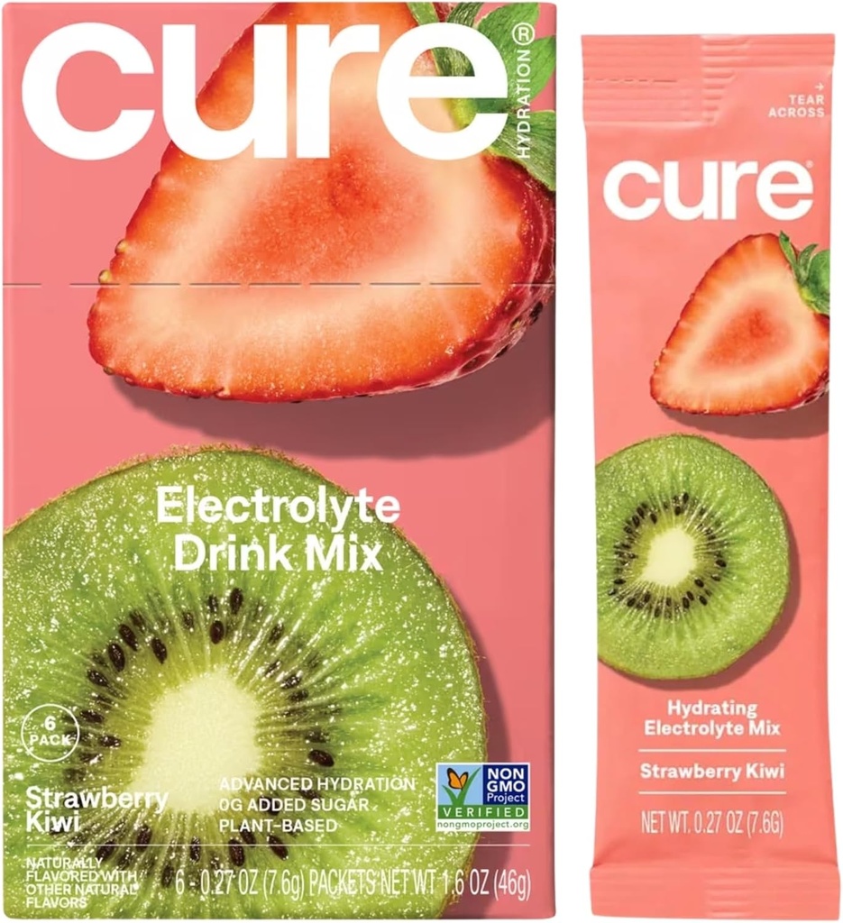 Cure Hydration | Plant-Based Electrolyte Drink Mix | No Added Sugar | Dehydration Relief Powder Made with Coconut Water | Non-GMO | Vegan | Box of 8 Packets - Strawberry Kiwi