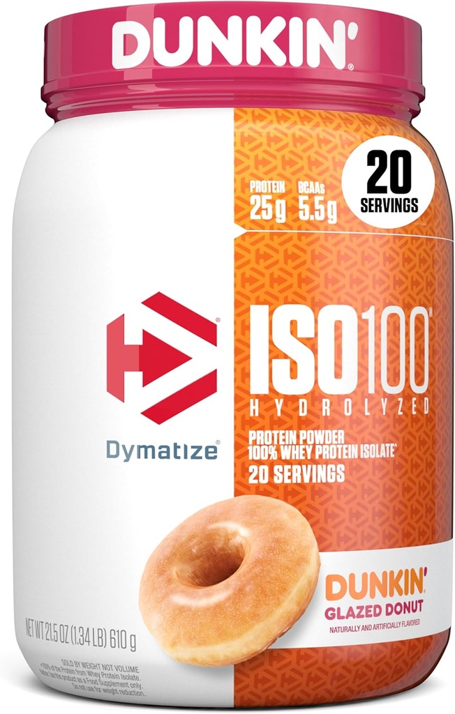 Dymatize x Dunkin' Glazed Donut ISO100 Whey Protein Powder, 25g of Protein, 20 Servings, 5.5g BCAAs, 120 Cal., Gluten Free, 1g Fat, 1g Sugar, 2g Carb