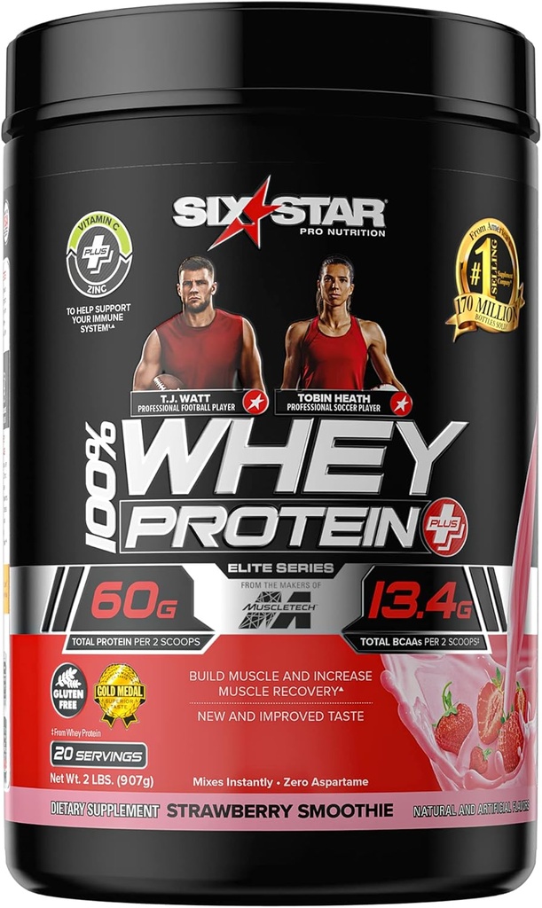 Six Star Whey Protein Plus Powder + Immune Support, Isolate & Peptides + Muscle Builder for Gain & Recovery, Strawberry, 32 Oz