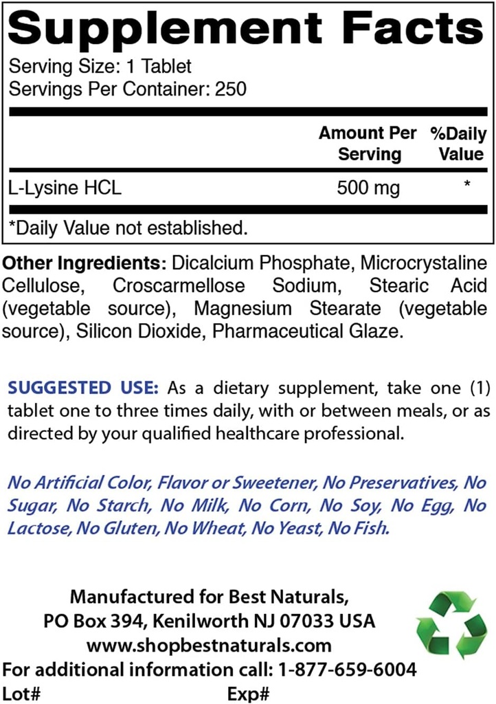 Best Naturals L-Lysine 500 mg & L-proline 500 mg