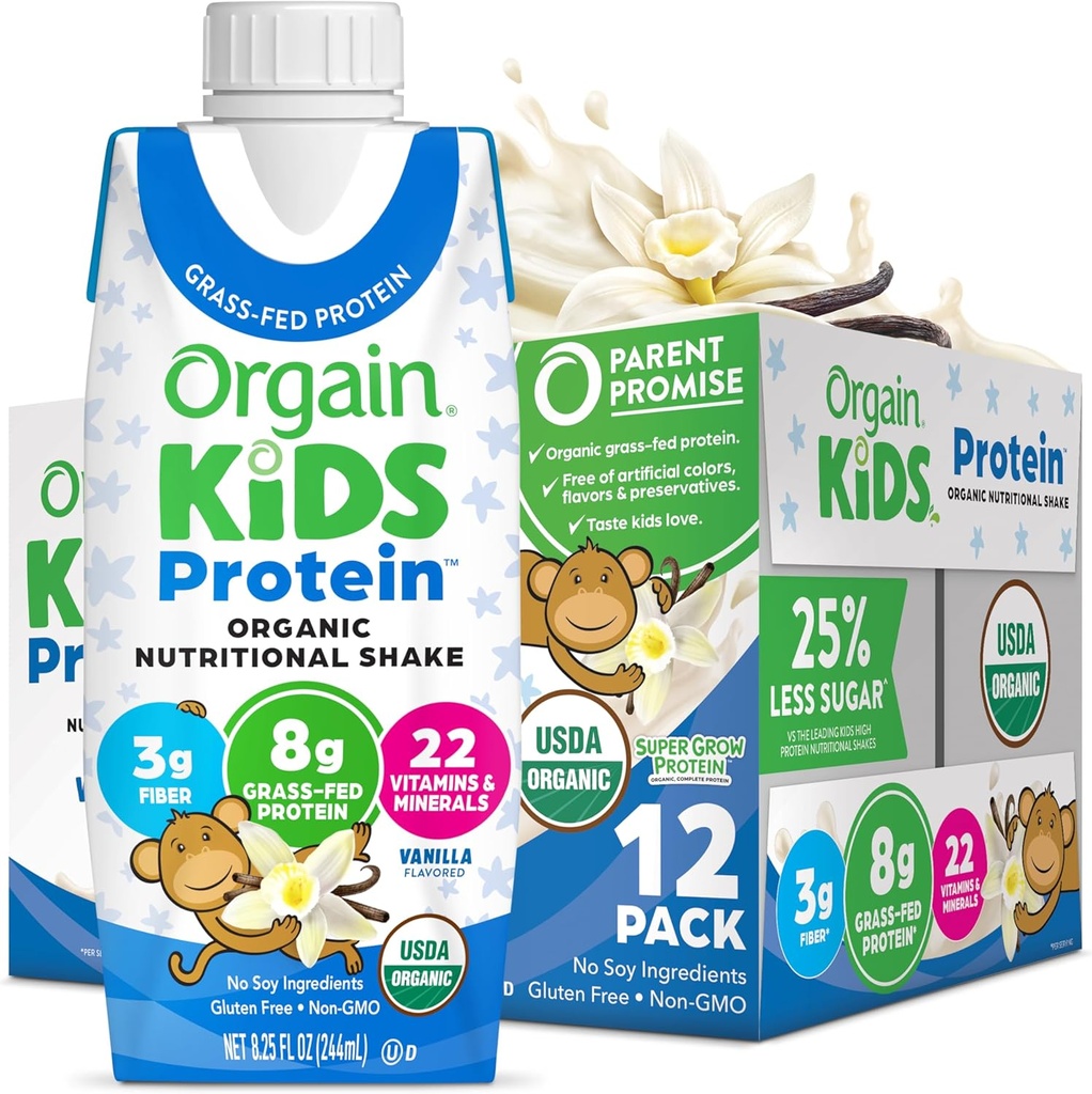 Orgain Organic Kids Protein Nutritional Shake, Vanilla - 8g of Protein, 22 Vitamins & Minerals, Fruits & Vegetables, Gluten Free, Soy Free, Non-GMO, 8.25 Oz, 12 Ct (Packaging May Vary)