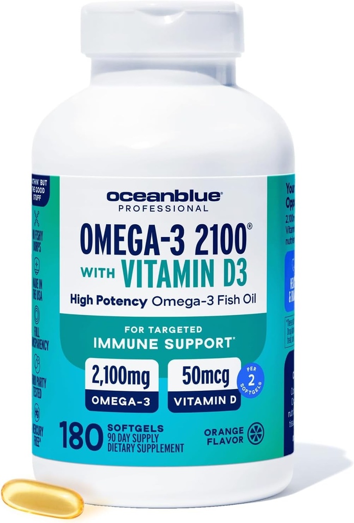 Oceanblue Professional Fish Oil with Vitamin D3 | Triple Strength 2100mg Omega 3 DPA EPA DHA | Wild Caught | Burpless Orange Flavor, 90 Servings (180 Count)