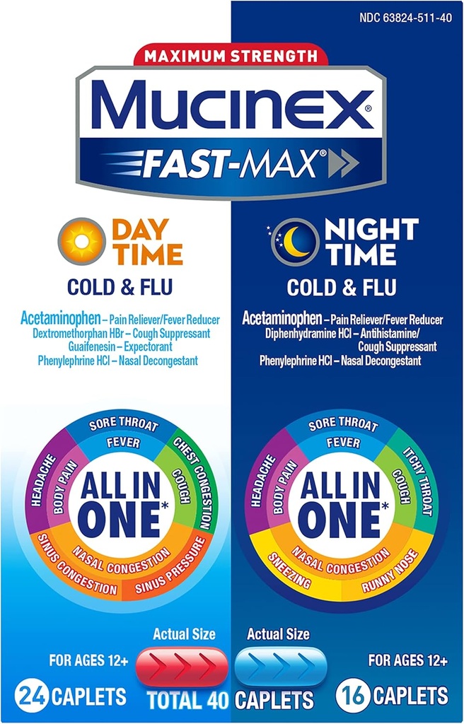 Mucinex Fast-Max Maximum Strength Cold & Flu Day and Night Medicine, 40 Count