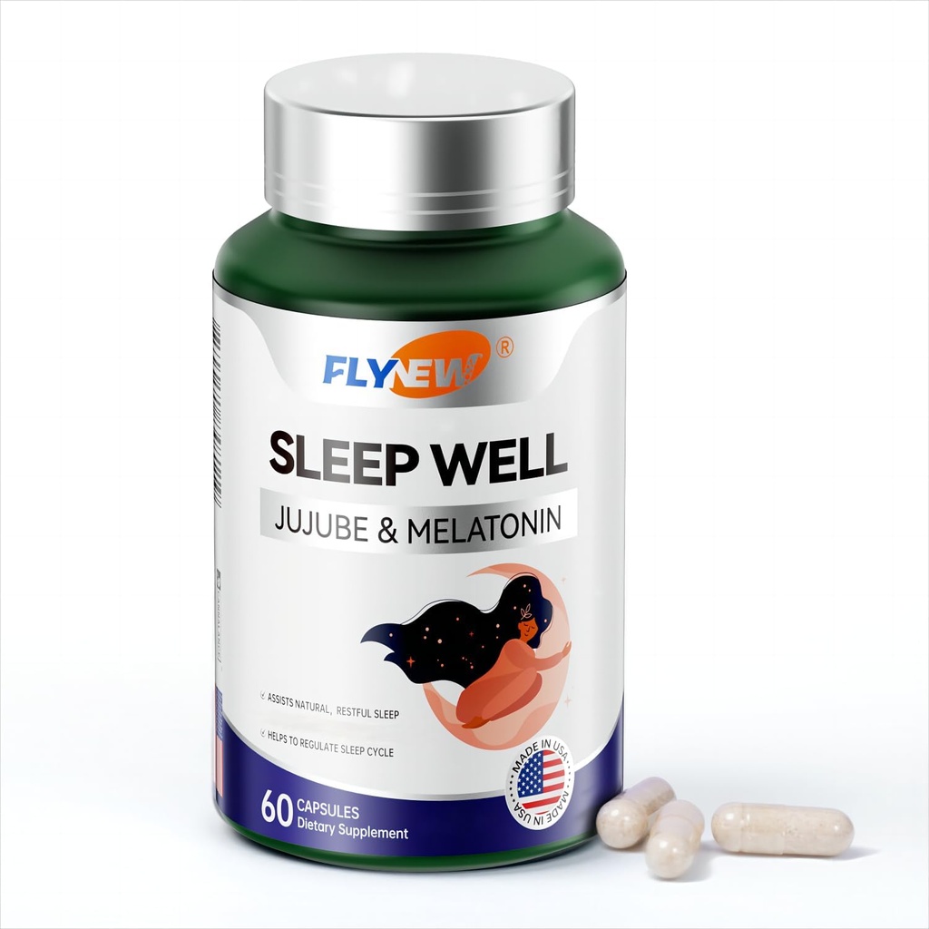 Sleep Well, Jujube& Melatonin Sleep Supplement Made in USA, 60 Capsules Sleep Aid for Adults, Melatonin, L-Theanine, Jujube& Passion Fruit Extract