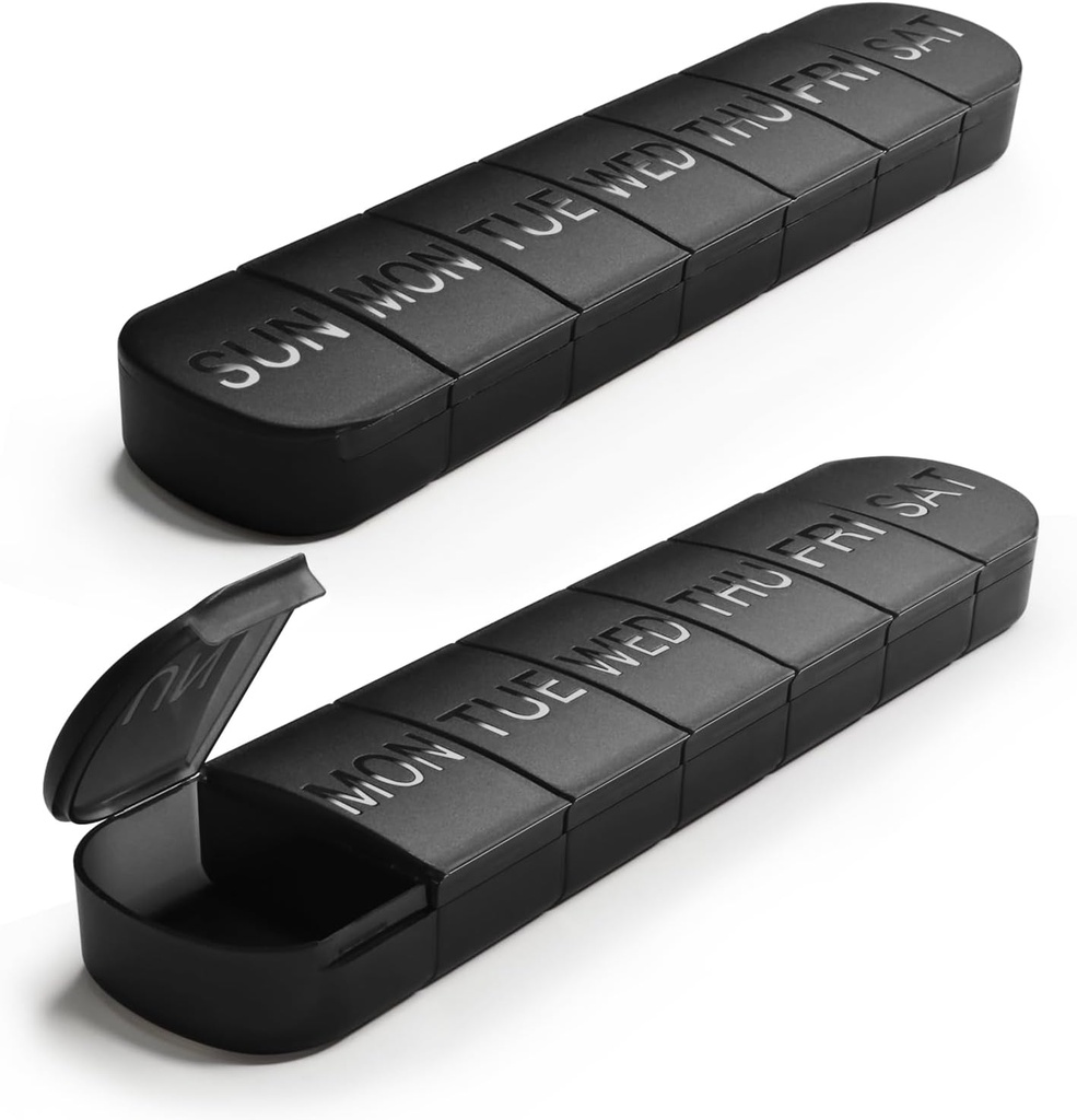 Large Weekly Pill Organizer, 2-Pack 7 Day Pill Box with Debossed Labels, Fade Resistant, BPA-Free Translucent Lids (Black & Black)