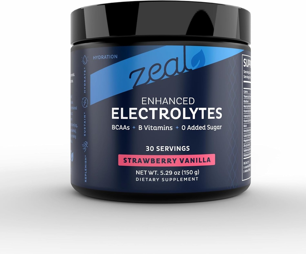 Zeal Electrolyte Powder Recovery Drink (30 Servings | Strawberry Vanilla) w 0 Sugar +BCAAs +B-Vitamins Electrolyte Supplement w Potassium Zinc & Magnesium for Hydration - Keto Electrolytes