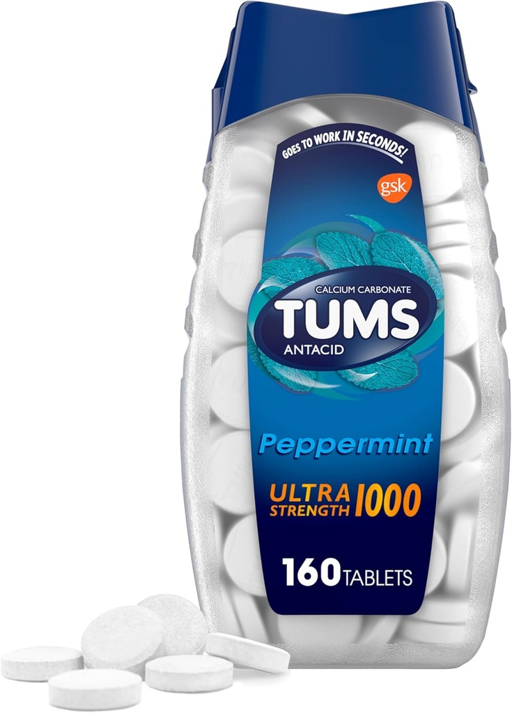 TUMS Ultra Strength Chewable Antacid Tablets for Heartburn Relief, Peppermint - 160 Count