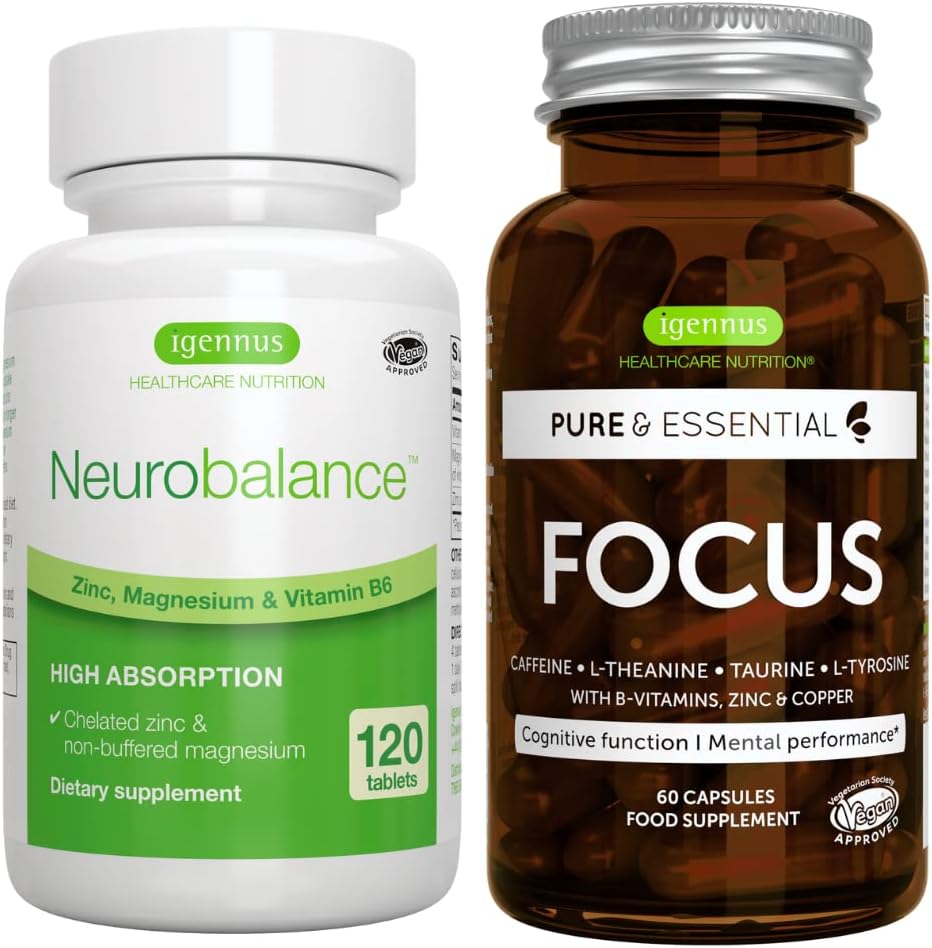 Neurobalance + Focus Brain Booster Vegan Bundle, High Absorption Zinc Magnesium & B6 + Caffeine, Amino Acids & Methylated B-Vitamins, by Igennus