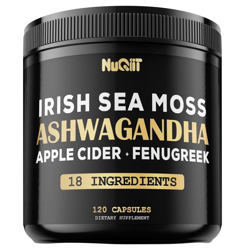 NUQIIT Organic Ashwangdha Capsules 15000mg Irish Sea Moss Apple Cider Vinegar & More - Support Brain Health, Strength & Immune System - 120 Vegan Capsules