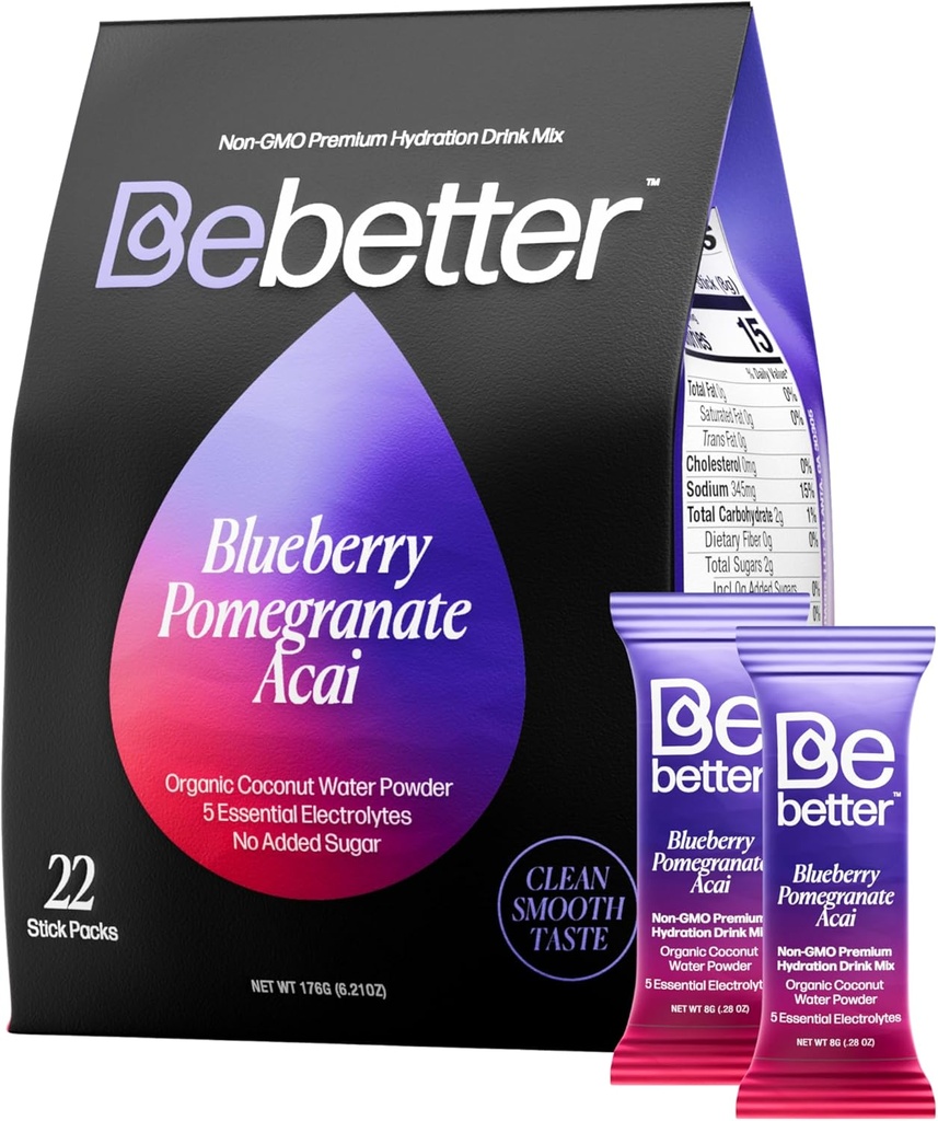 BeBetter Organic Electrolytes Powder Packets | Electrolyte Drink Mix | Organic Coconut Water | No Artificial Flavors | Sugar Free Hydration Packets | Non-GMO | 22 Sticks (Blueberry, Pomegranate, ACAI)