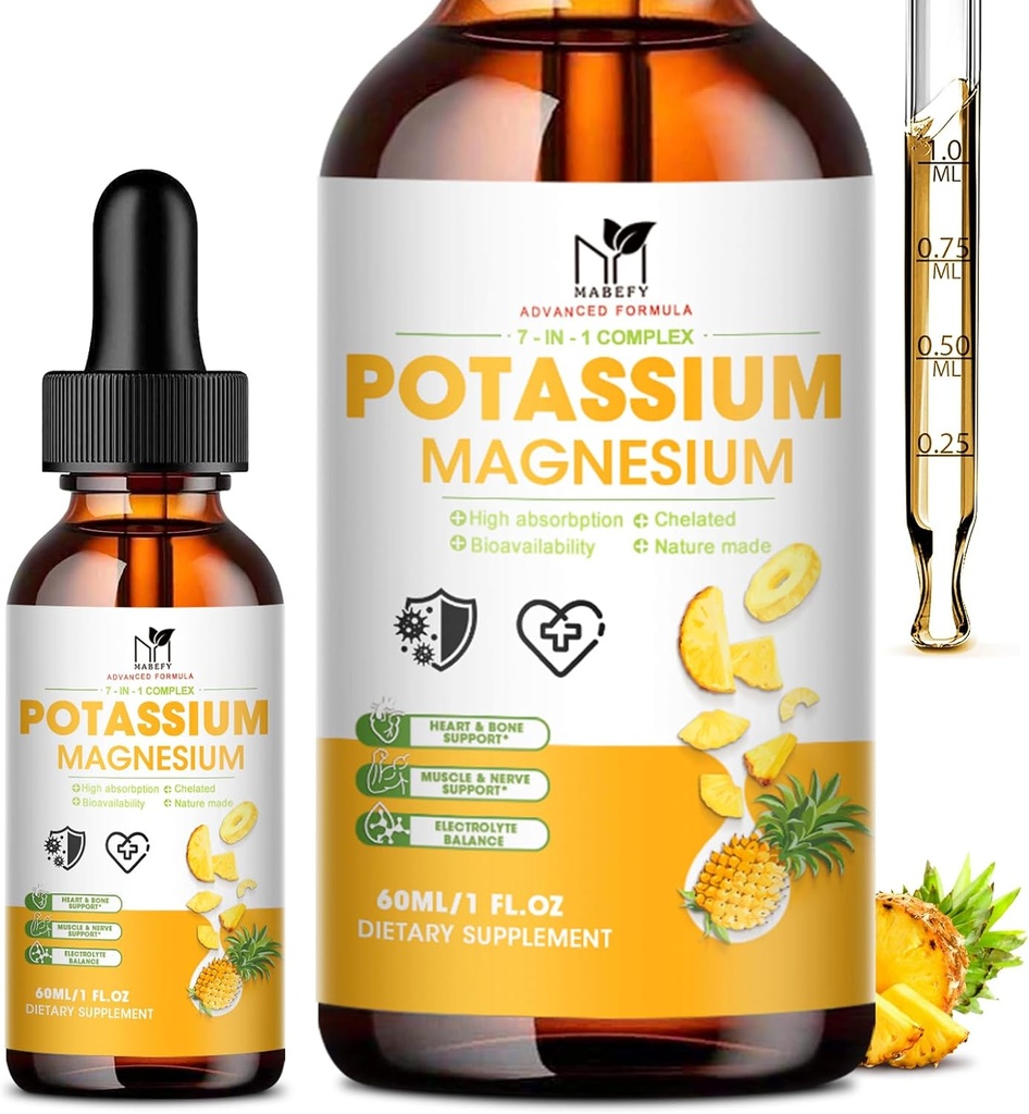 2 Pack Potassium Magnesium Calcium Supplement Liquid Drops -Magnesium Glycinate & Potassium with Vitamin D3, Zinc for Leg Cramps, Bone, Energy, Immune Support, Pineapple Flavor, 4 Fl oz
