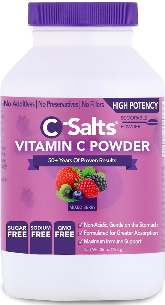 C-Salts Vitamin C Powder Supplement - 100% Pure High Dose Buffered Vitamin C Powder for Immune Support - Organic, Sugar-Free, Vegan, Non-GMO, Stomach-Friendly, Mixed Berry 26oz