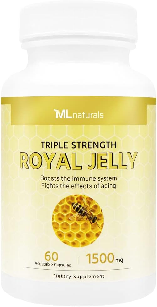 ML Naturals Royal Jelly 1500mg 60 Vegetable Capsules, Equivalent with 6% (27mg) 10-HDA. Freeze-Dried, Gluten Free, NSF-Certified & cGMP-Compliant