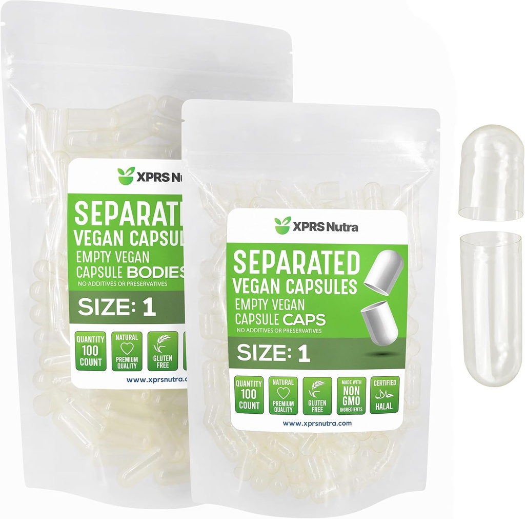XPRS Nutra Vegan Size 1 Separated Capsules - 100 Count Clear Premium Empty Capsules Separated in Bags - Pills 1 Empty for DIY Supplement Filling