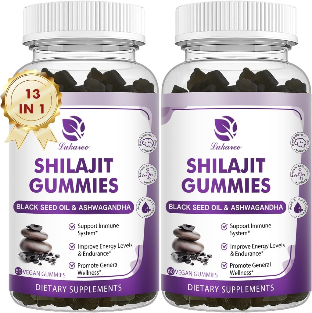 (2 Pack) Shilajit Supplement Gummies with Black Seed Oil, Extra Strength Himalayan Resin Pure 13-in-1 Complex Chewables - for Immunity- Shilajit for Men & Women