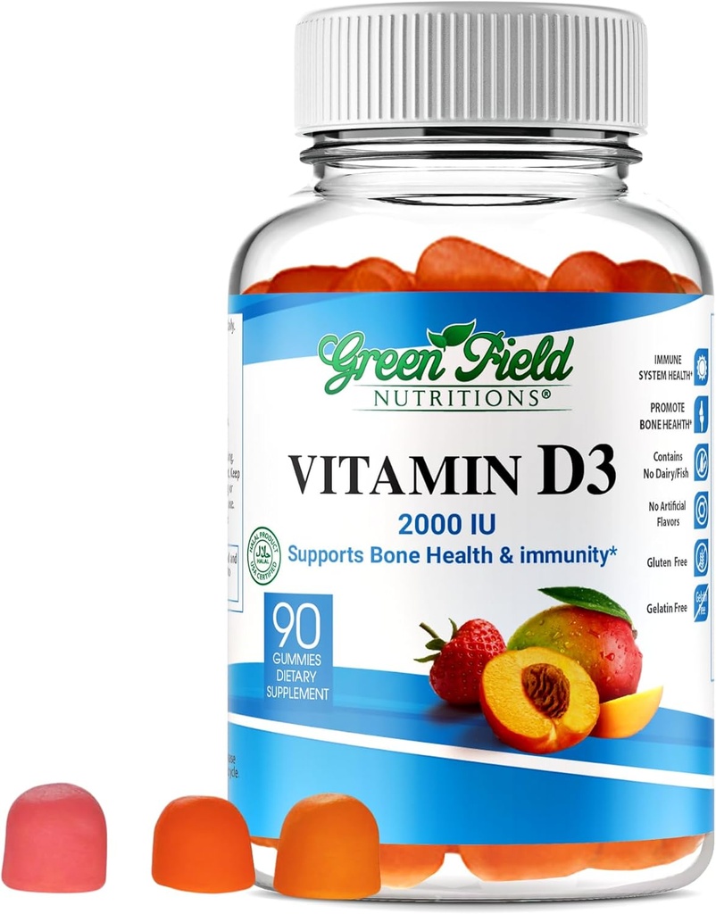 Greenfield Nutritions Halal Vitamin D3 Gummies for Adults - 2000 IU (50 mcg), 90 Gummy Halal Vitamins - Non-GMO Gluten Gelatin Free Vegetarian Halal Vitamin D - Supports Bone Heart & Immune Health