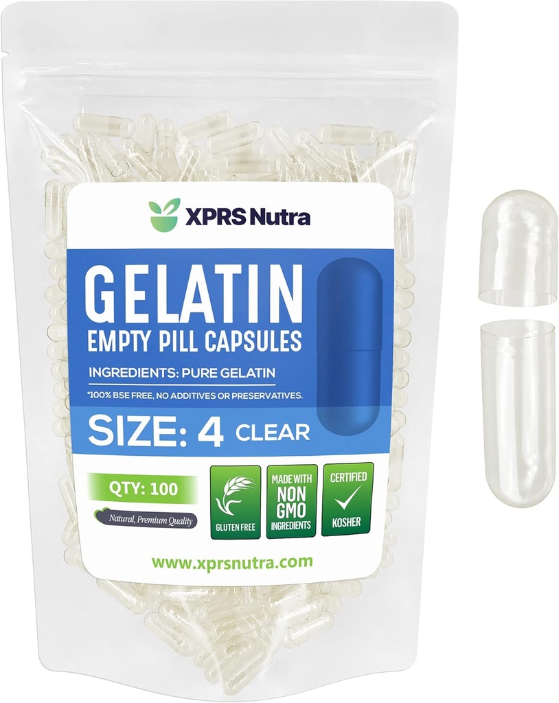 XPRS Nutra Size 4 Empty Capsules - 100 Count Small Clear Empty Gelatin Capsules - Pills DIY Capsule Filling - Fillable Pure Bovine Pill Gel Caps for Do-It-Yourself Supplements