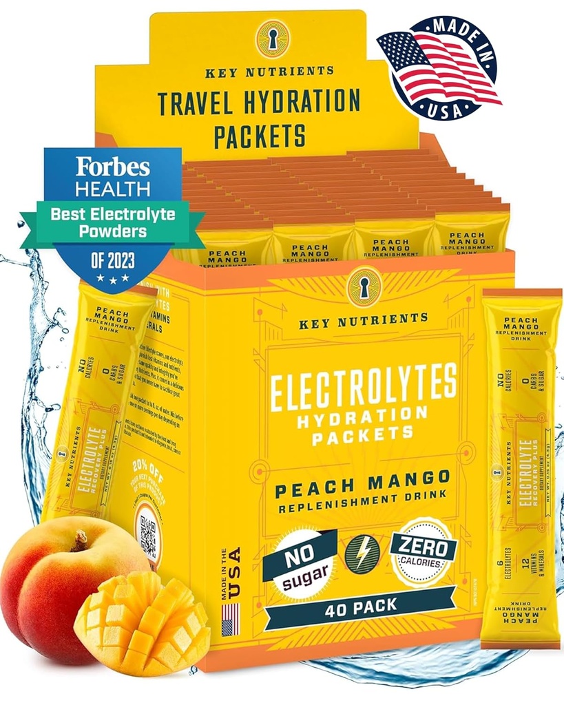 KEY NUTRIENTS Multivitamin Electrolytes Powder Packets - Tropical Peach Mango Post Workout and Recovery 40 Pack Hydration Packets - No Sugar, No Calories - Travel Hydration Powder