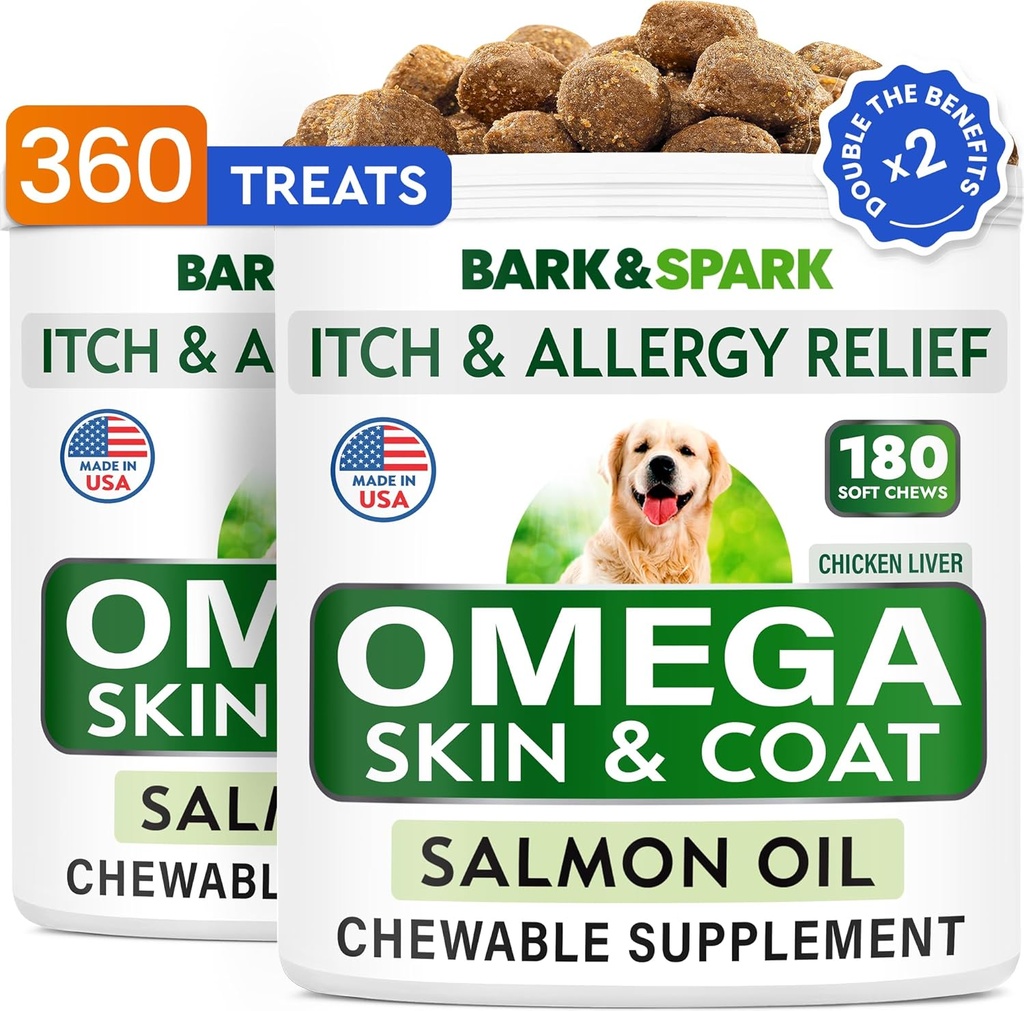 BARK&SPARK (Pack of 2 Omega 3 for Dogs - 360 Fish Oil Chews for Dog Shedding, Skin Allergy, Itch Relief, Hot Spots Treatment - Joint Health - Skin & Coat Supplement - EPA&DHA Fatty Acids