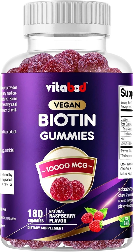 Biotin Gummies 10,000 mcg – 180 Vegan Gummies Hair, Skin & Nails Support for Women, Men & Kids – Non-GMO, Gluten-Free, Delicious Flavor