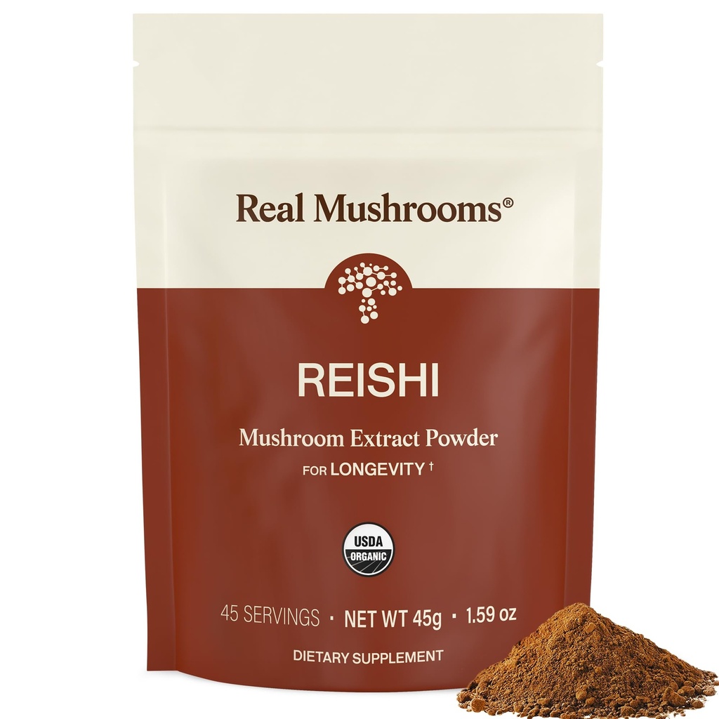 Real Mushrooms Reishi Mushroom Powder - Handpicked Organic Mushroom Extracts - Red Reishi for Tranquil Daily Wellness with Verified Beta Glucans Vegan, Non-GMO, No Grain Fillers, 45 Servings