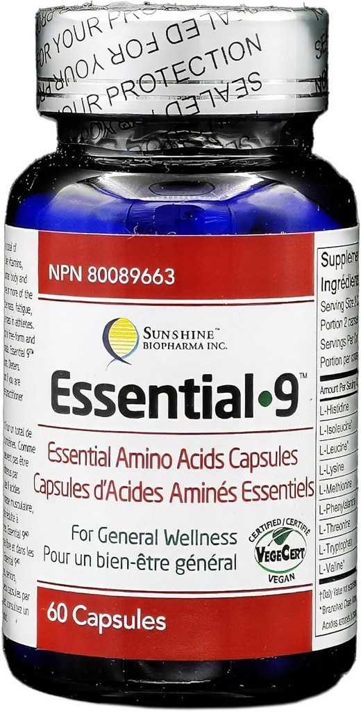 Vegan Certified Essential 9 Pure Free-Form Amino Acid Capsules for Immunity, Muscle Protection, Wellness, and Energy
