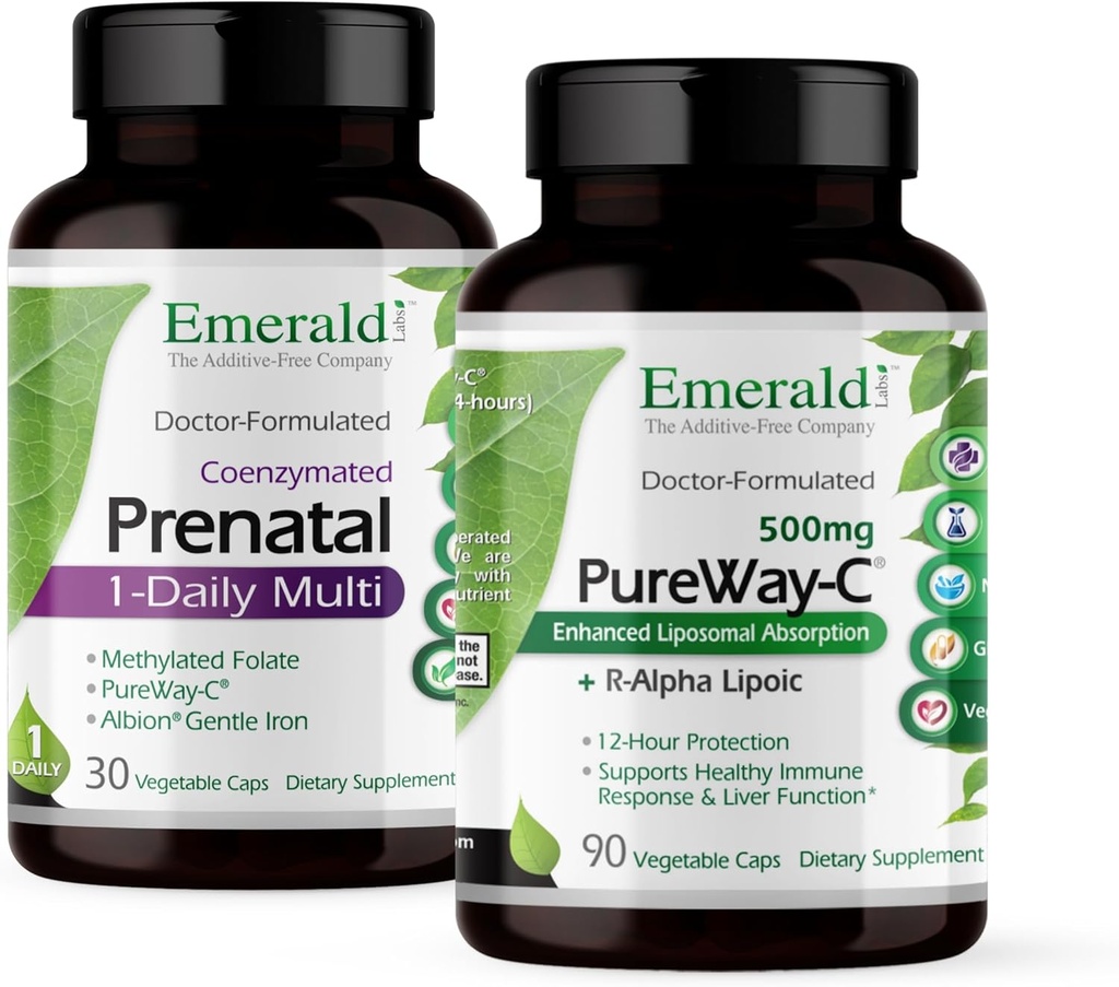 Emerald Labs Bundle with Prenatal 1-Daily Multi (60 Veg Caps) & PureWay-C (90 Veg Caps) - Prenatal Multivitamin with Methylated Folate, Iron & More* - Vitamin C Supplement with R-Alpha Lipoic Acid*