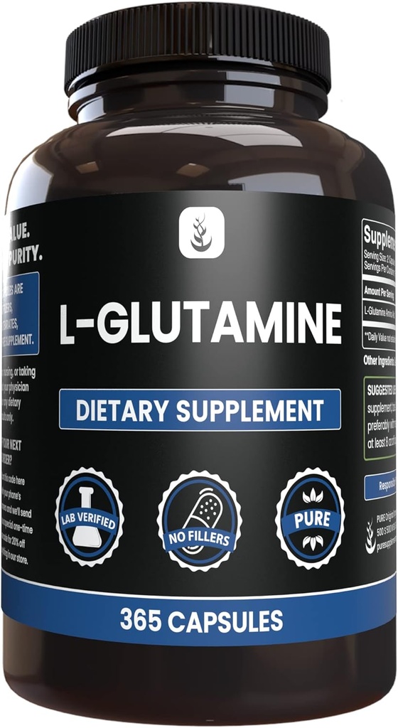 [BRSRMHD3PIMB6DLL] PURE ORIGINAL INGREDIENTS L-Glutamine (365 Capsules) No Magnesium Or Rice Fillers, Always Pure, Lab Verified