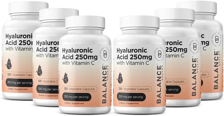 Pure Hyaluronic Acid Supplement 250mg with Vitamin C 50mg, 120 Vegan Capsules - Skin Hydration for Natural Glow, Hair, Nails, Bone & Joint Health Formula