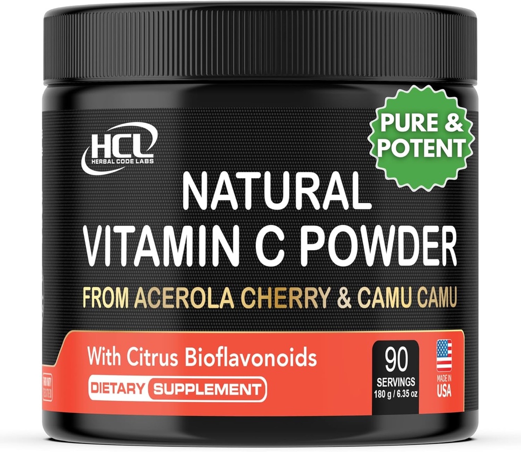 Natural Vitamin C from Acerola Cherry & Camu Camu Powder - High Absorption with Citrus Bioflavonoids - Immune System & Collagen Booster - Anti Aging Skin Vitamins Made in USA 90 servings