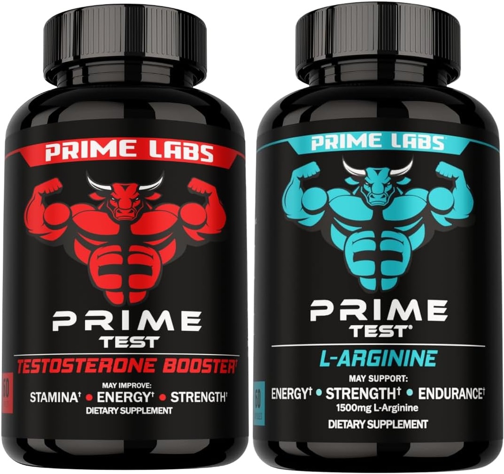 Prime Labs Prime Test Testosterone Booster + L Arginine Nitric Oxide Capsules - 60 Count Each