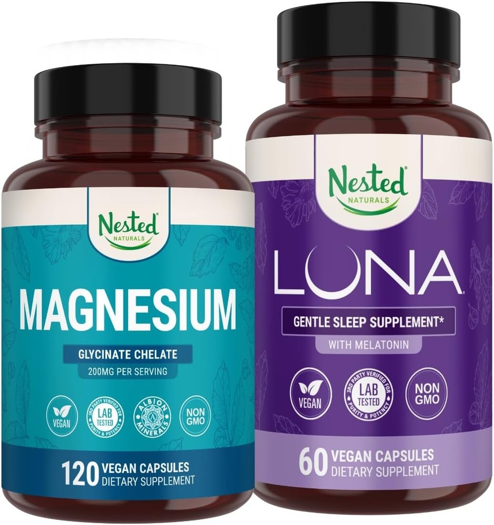 Nested Naturals Luna Sleep Aid & Magnesium Glycinate Chelate for Sleep, Relaxation, & Recovery (180 Capsules)