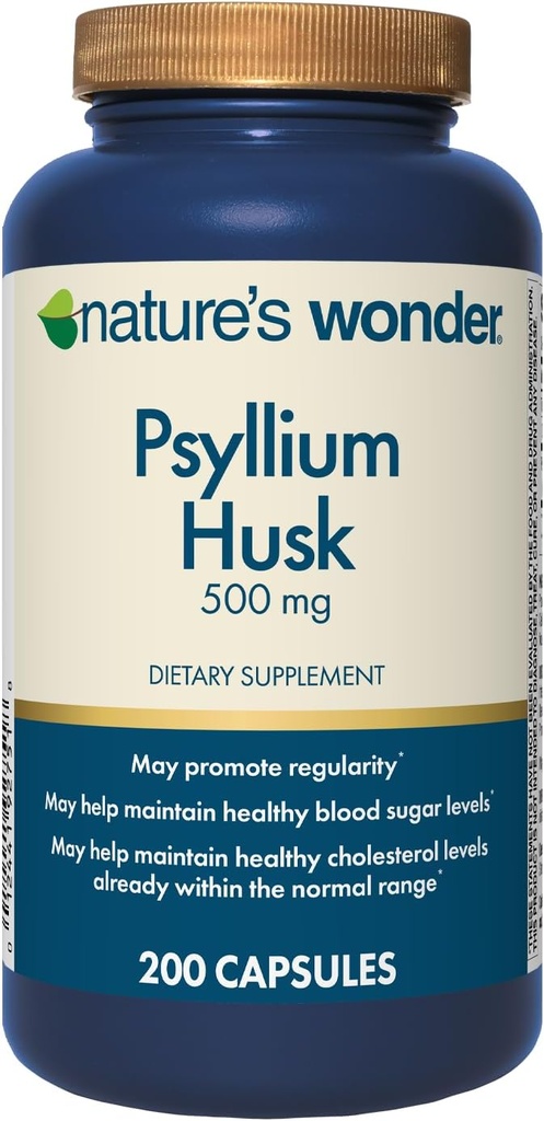 Nature's Wonder Psyllium Husk 500 mg Capsules for Digestive Health, Plant-Based Fiber, 200 Count