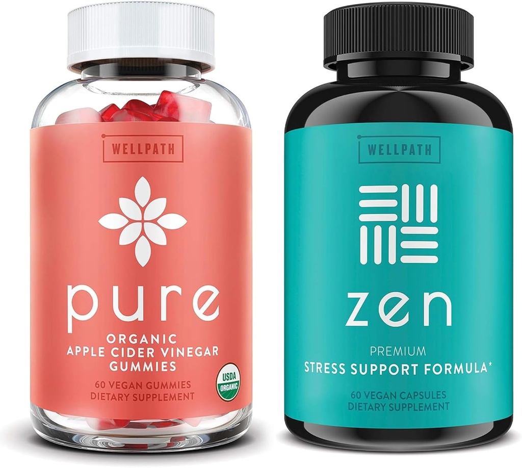 WellPath Pure Apple Cider Vinegar with Mother Gummies & Zen Mood Support Supplements Bundle - Detox & Calm Energy Combination, Vegan, 60 Cts Each