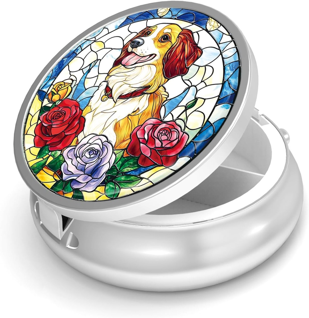 Pill Box-3 Compartment Small Pill Case for Purse & Pocket Mini Metal Pill Holder Travel Pill Container to Hold Supplements Vitamins BPA-Free (Dog)