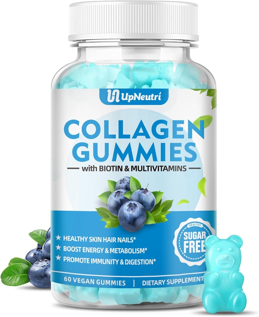 Sugar Free Collagen Peptides Gummies for Women Men, 1500mg Collagen Types I,II,III,V,X, Plus 5000mcg Biotin & Multi Vitamins for Healthy Skin Hair Nails, Immune Digestion Bone Support
