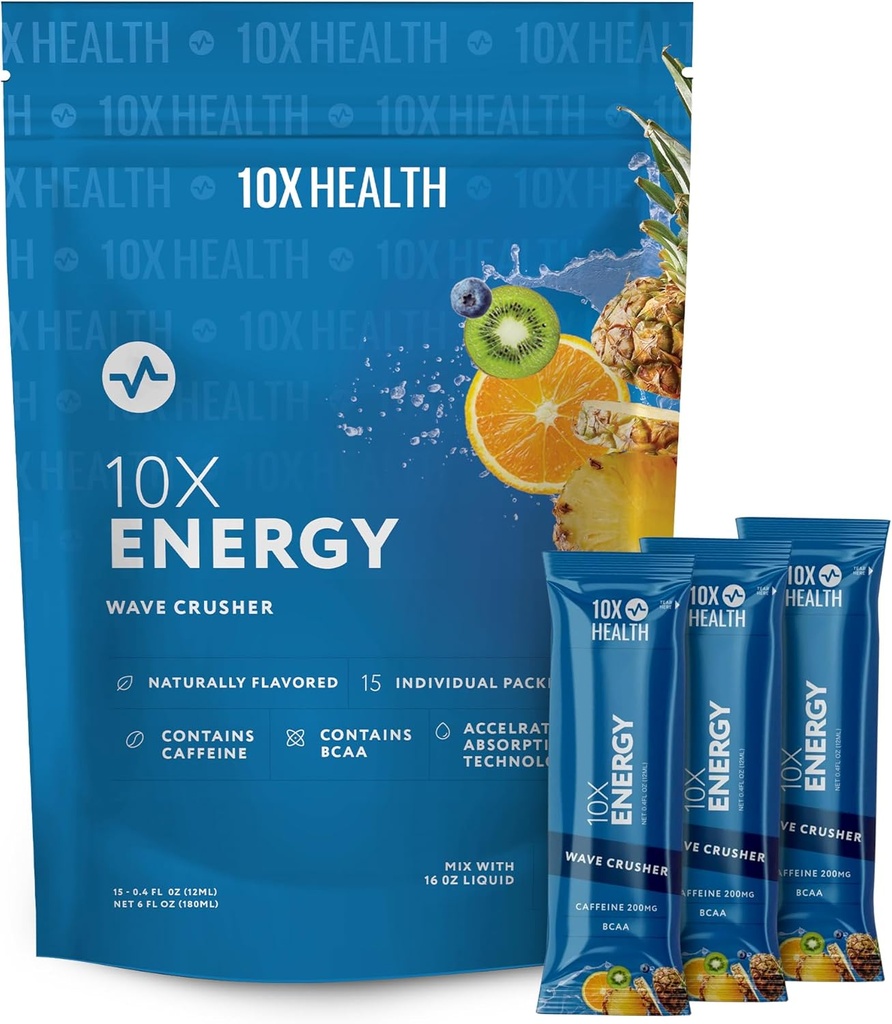 10X Health - Energy Wave Crusher - Energy Drink with 200mg Caffeine, BCAAs, B Vitamins, Accelerated Absorption - Tropical Punch Pre-Workout Drink - 15 Drink Mix Packets (Wave Crusher - Energy)