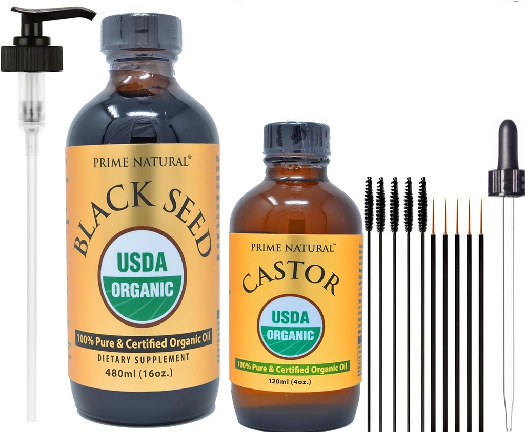 PRIME NATURAL Organic Black Seed Oil & Organic Castor Oil - 2 Oil Bundle - USDA Certified - Cold Pressed, Virgin, Unrefined, Vegan, No Preservatives