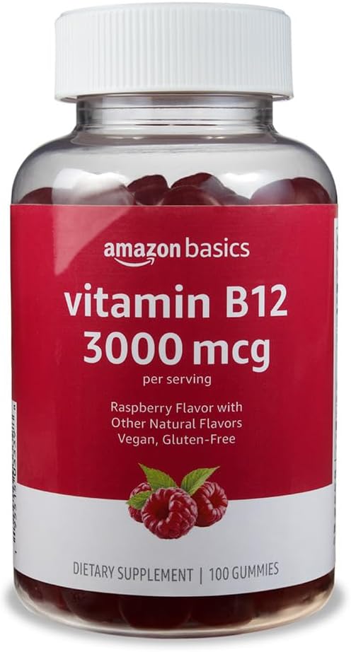 Amazon Basics Vitamin B12 3000 mcg Gummies, Normal Energy Production and Metabolism, Immune System Support, Raspberry, 200 Count (2 Packs of 100), 2 per serving