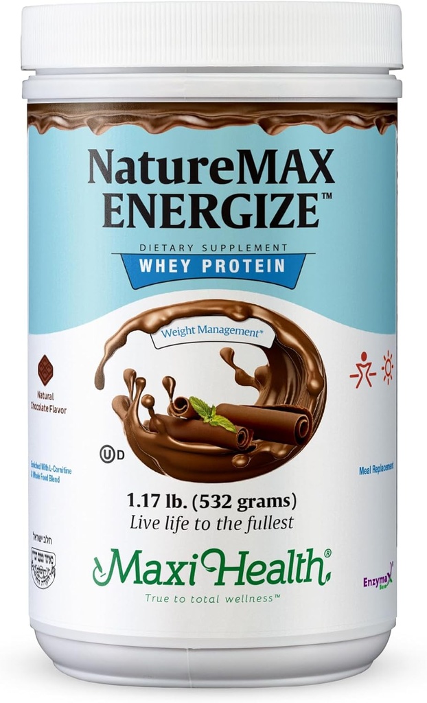 [BRSWKZLRPIMAE332] NatureMax EnergizeTM Whey Protein Powder- Energy Support Meal Replacement - 20g Protein Per Serving - Natural Chocolate Flavor - Kosher Dairy Vitamin - 1.17lb