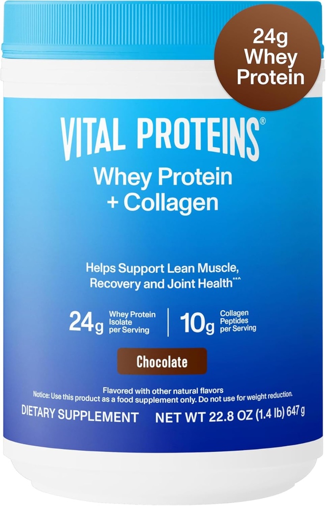 Vital Proteins Whey Protein Powder+ Collagen Peptides, 24g Protein Supporting Recovery & Joint Health, with Vitamin C, About 16 Servings - Chocolate 22.8oz