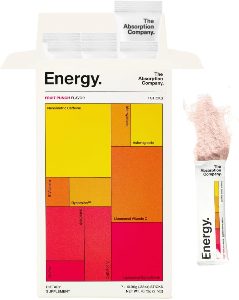 Energy Drink Powder Mix Packets – Clean Energy Booster to Support Alertness with 150mg Natural Caffeine & Vitamin C – Fruit Punch Flavor, 7 Sticks