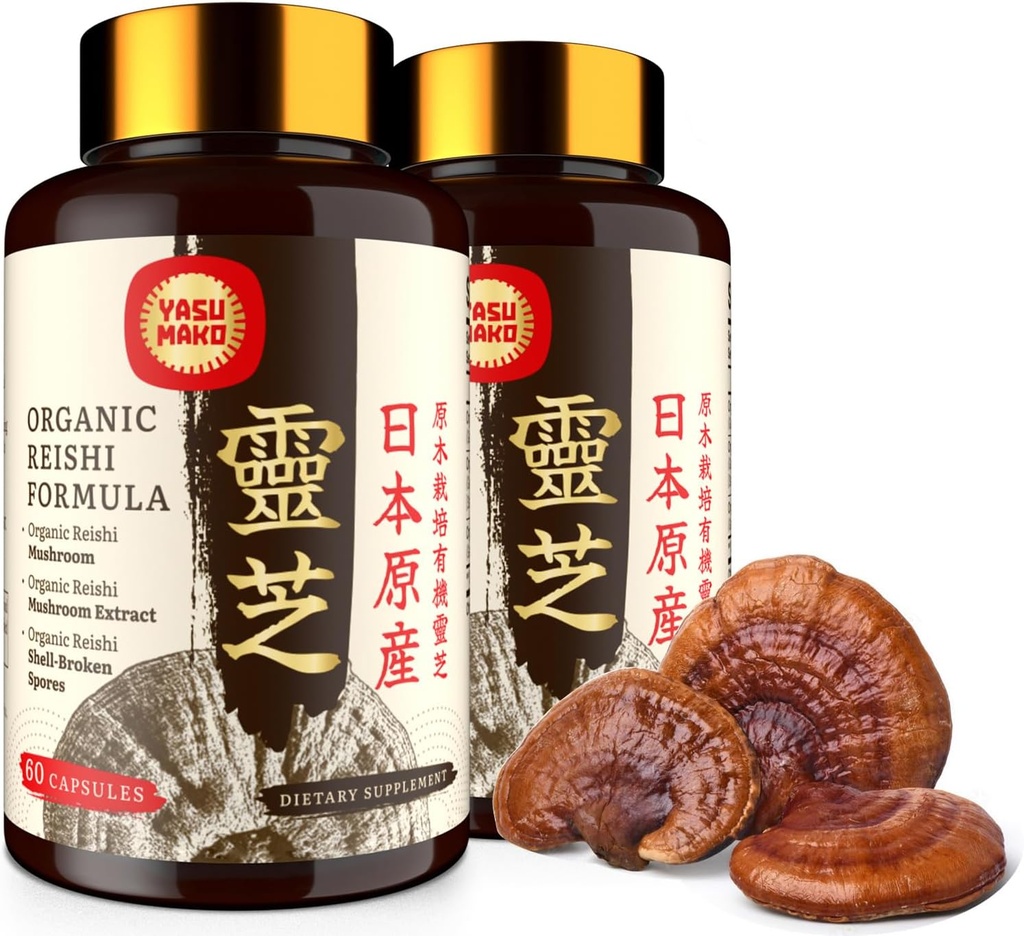 Japanese Reishi Mushroom Supplement 800mg with Reishi Mushroom Extract 500mg & Shell-Broken Spores 200mg,Organic Mushroom Capsules for Immune System - Real Fruiting Body (Pack of 2)