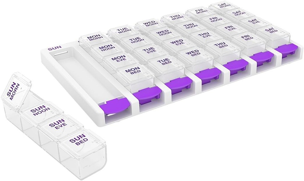 EZY DOSE Weekly (7 Day) 4 Times a Day Push Button Pill Organizer and Vitamin Planner, Removable Daily Pillboxes, Patented Design, Assorted Colors, Clear, Large (Pack of 1) (67133)
