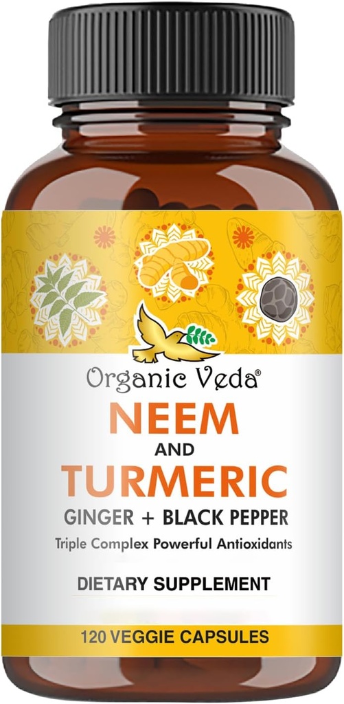 Organic Veda Neem & Turmeric Capsules with Ginger & Black Pepper - Neem Leaf, Turmeric, Ginger, Black Pepper Capsule Supplement - Vegan, Non-GMO - 120 Count