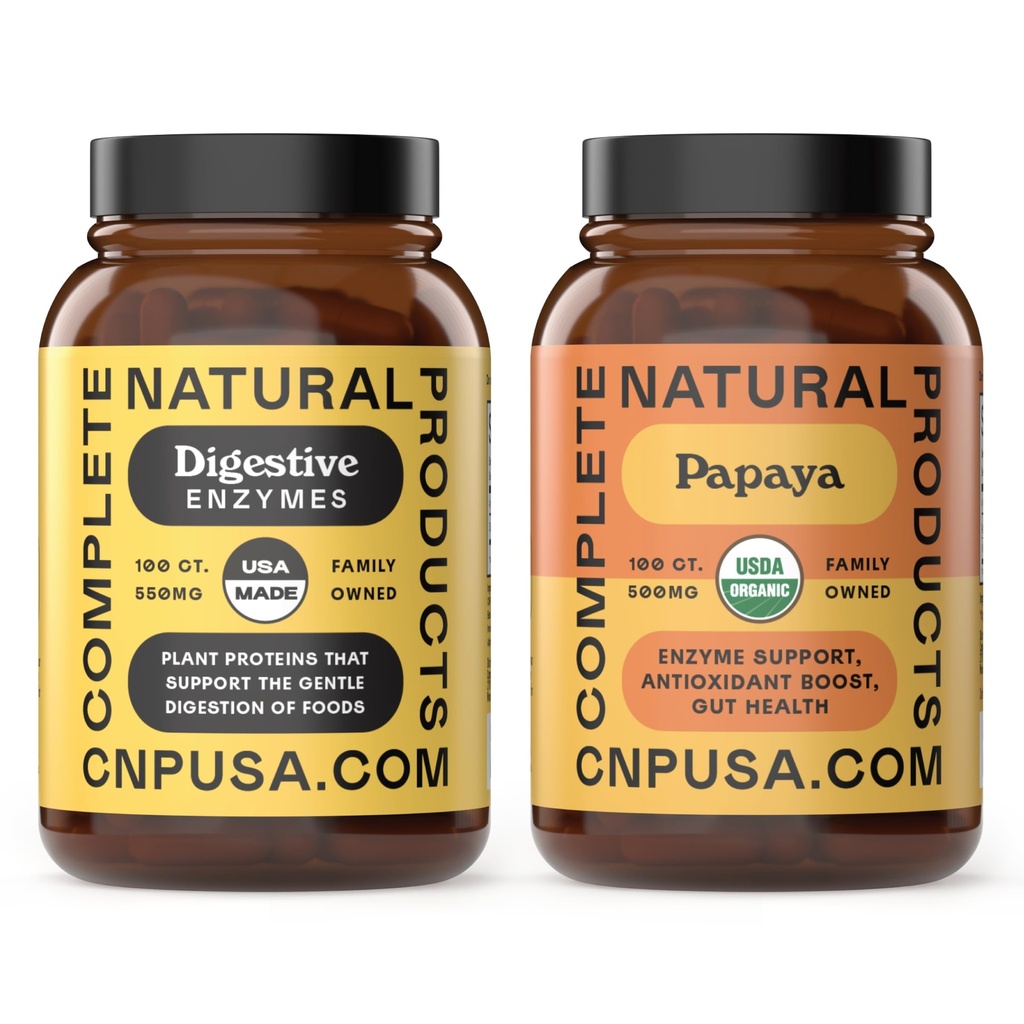 Complete Natural Products Organic Papaya Enzymes 100 Capsules & Digestive Enzymes 100 Capsules Bundle
