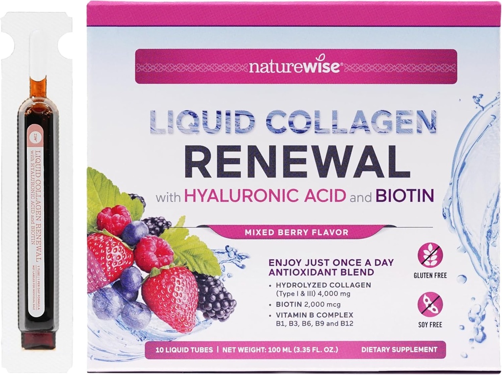 NatureWise Hydrolyzed Liquid Collagen for Women & Men 4000mg - High Absorption, Type 1 & 3 Peptides with Biotin + Vitamin C + Vitamin B Complex & Hyaluronic Acid -Mixed Berry - 10 Tubes[10 Day Supply]